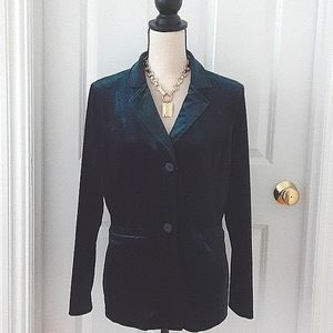 Boutique Forest Green Two Button Closure Velveteen Blazer Notch Collar Medium